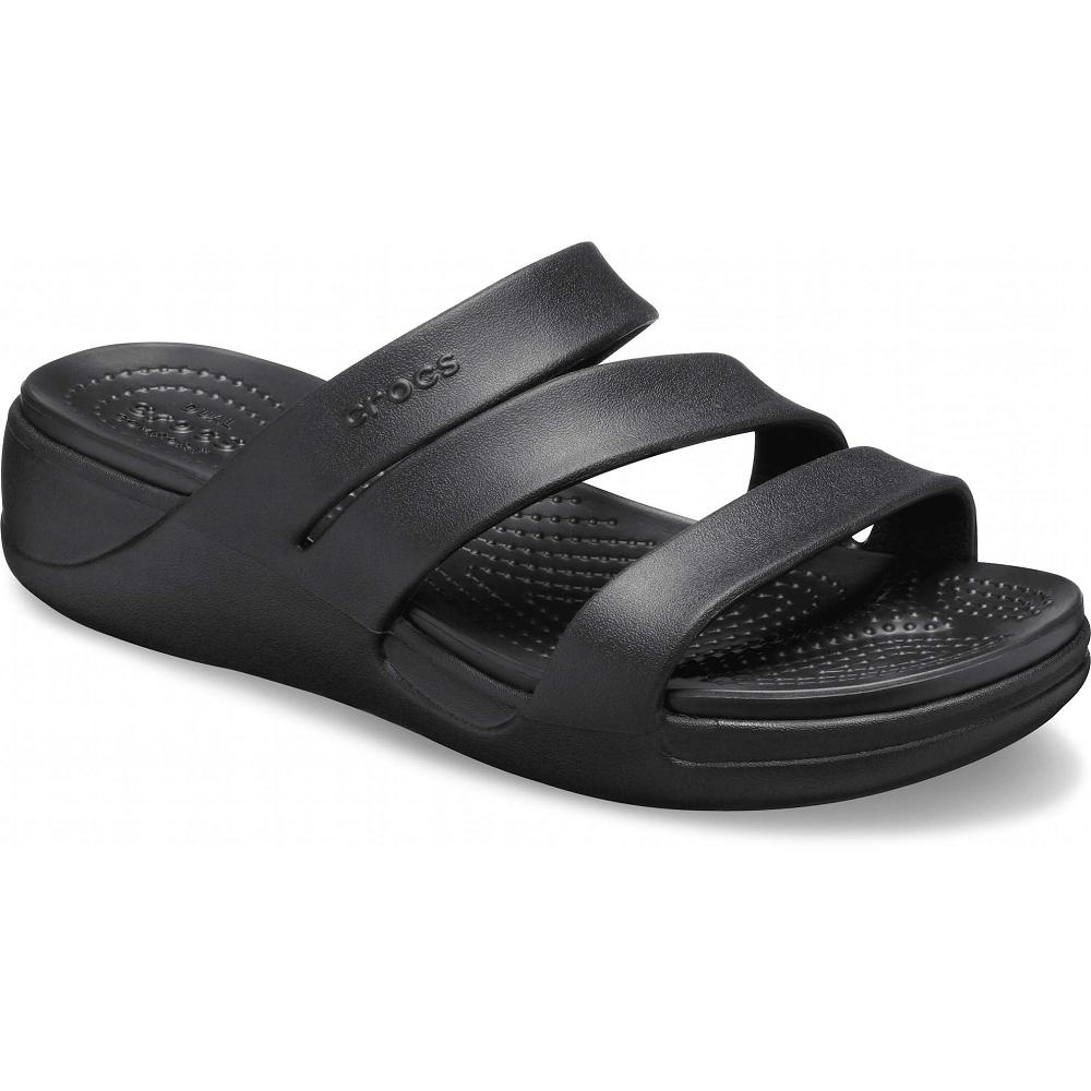 Black Women's Crocs Monterey Strappy Wedges | NZ 0632ILHS